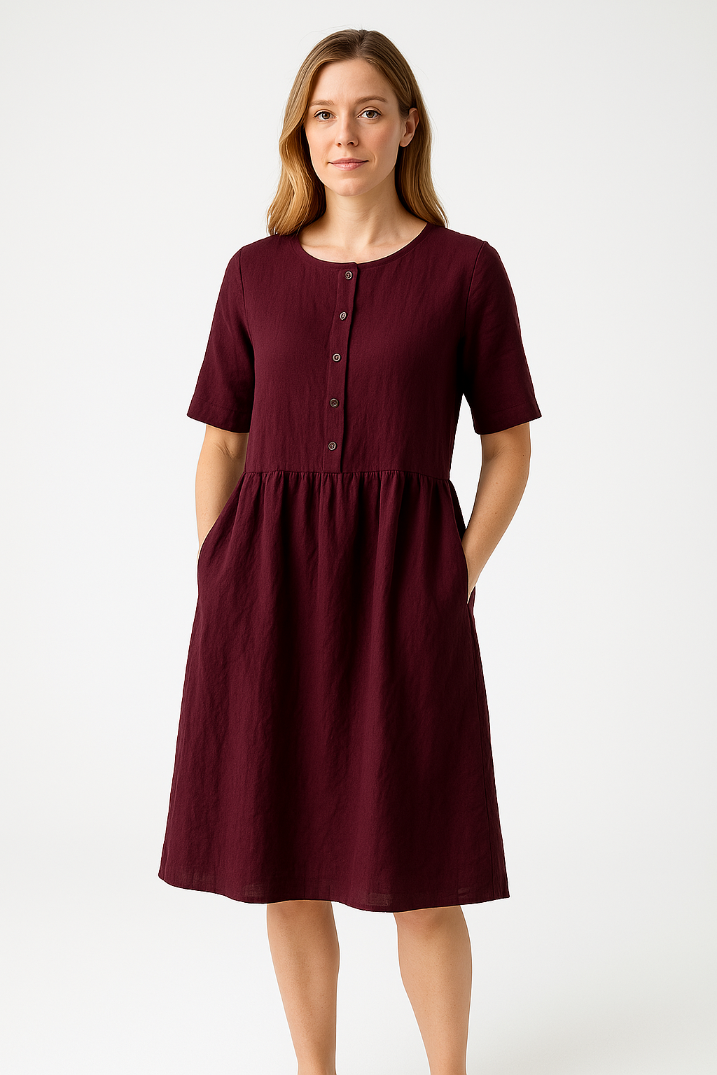 Women's Relaxed Fit Midi Dress – Breathable Fabric, Button Closure & Pockets Purple