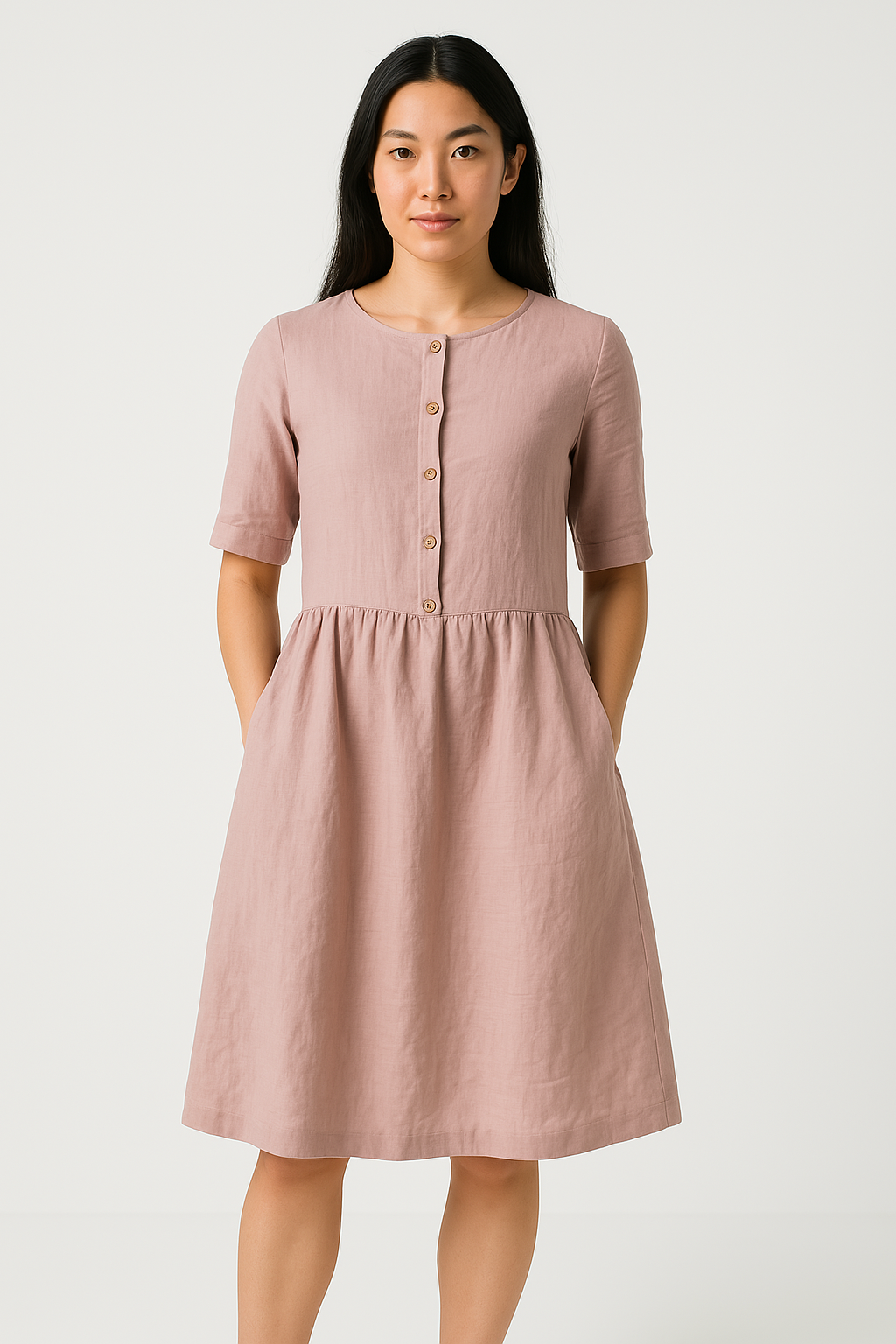 Women's Relaxed Fit Midi Dress – Breathable Fabric, Button Closure & Pockets Pink