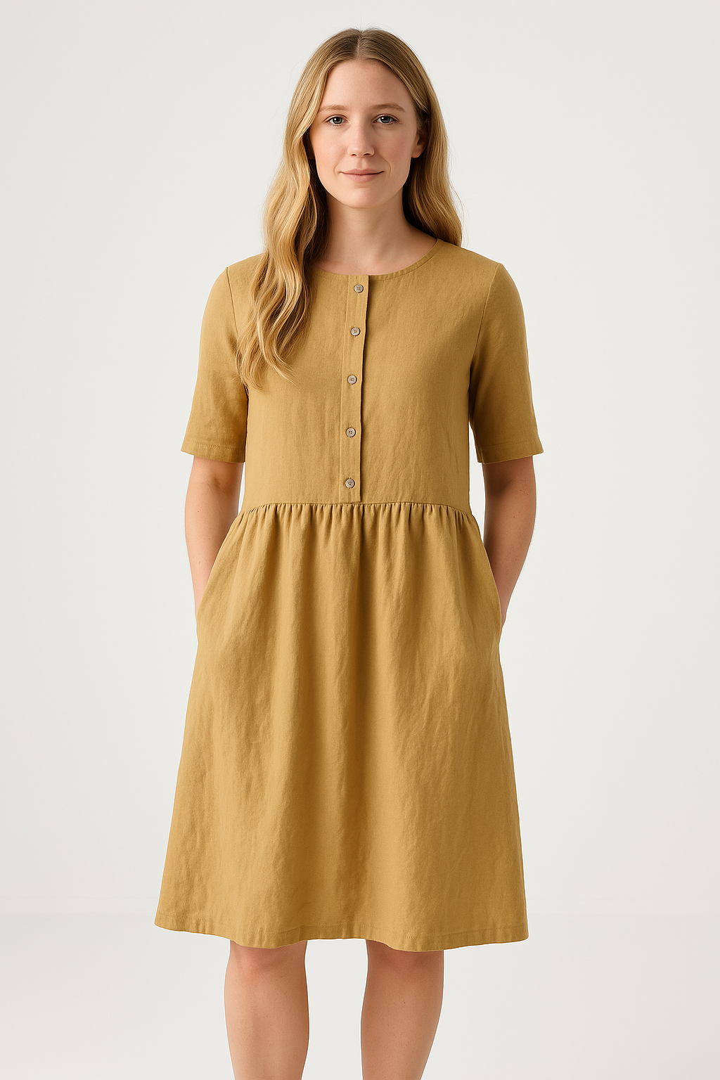 Women's Relaxed Fit Midi Dress – Breathable Fabric, Button Closure & Pockets Khaki