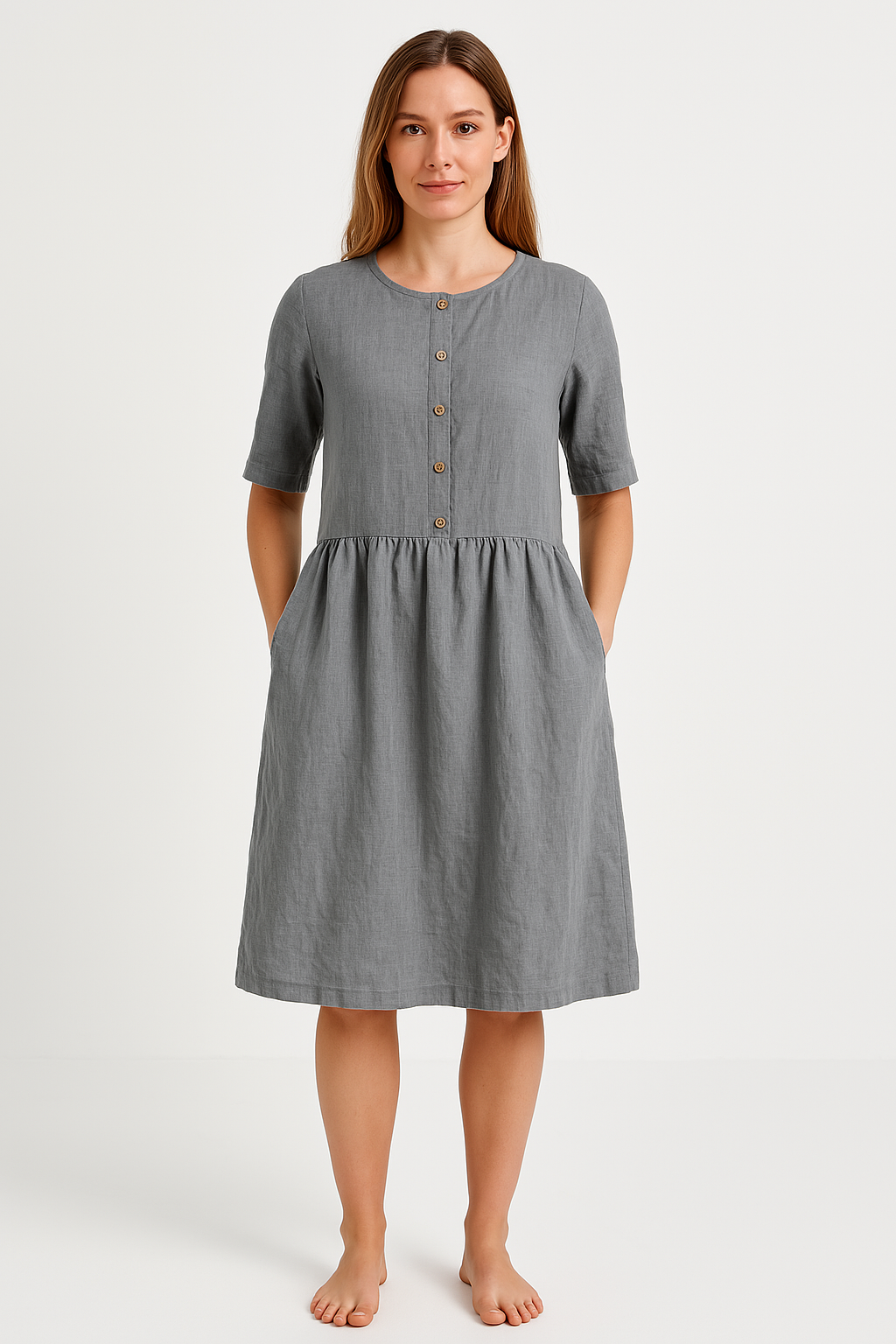 Women's Relaxed Fit Midi Dress – Breathable Fabric, Button Closure & Pockets Grey