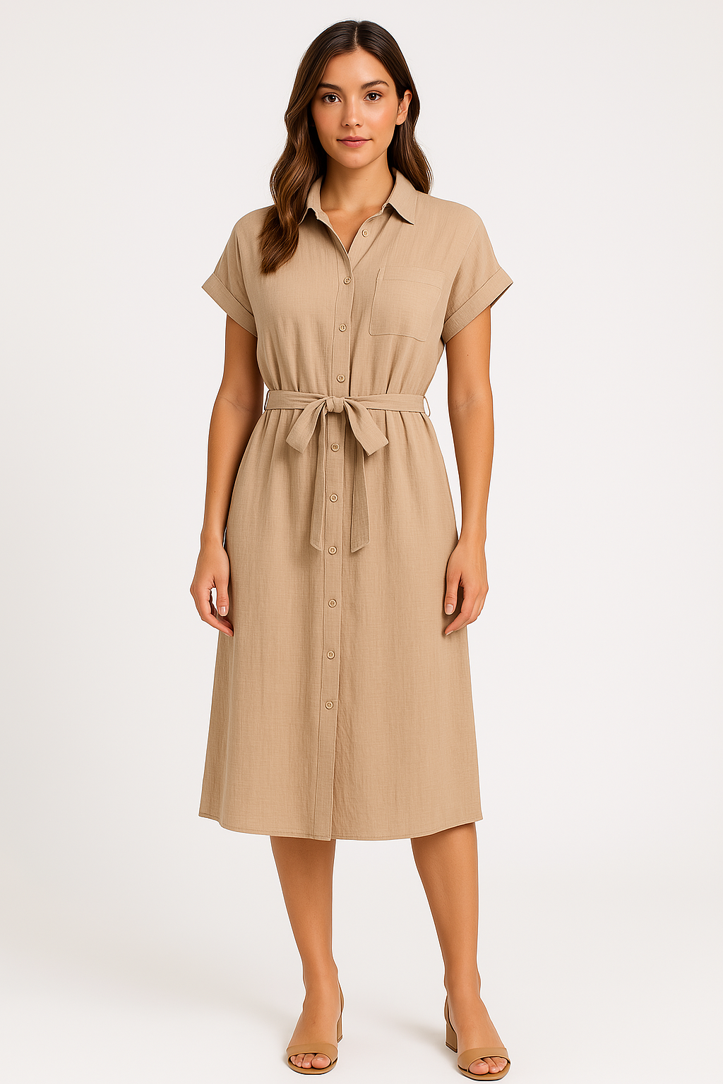 Women's Midi Shirt Dress – Casual Fit – Breathable Fabric – Button Closure – Tie Belt Khaki