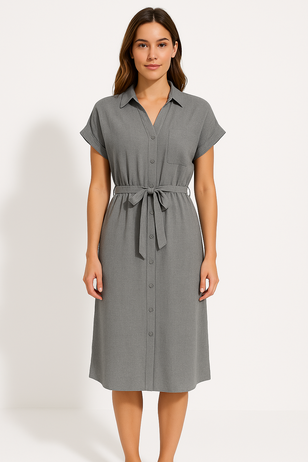Women's Midi Shirt Dress – Casual Fit – Breathable Fabric – Button Closure – Tie Belt Grey
