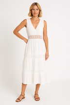 Women's Elegant Midi Dress – Sleeveless with Deep V-Neck and Lace Details White