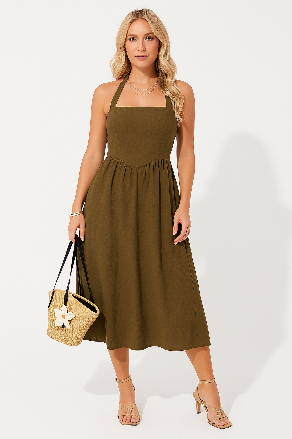 Women's Sleeveless A-line Midi Dress – Casual Fit in Natural Fabrics Olive Green