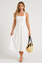 Women's Sleeveless A-line Midi Dress – Casual Fit in Natural Fabrics White