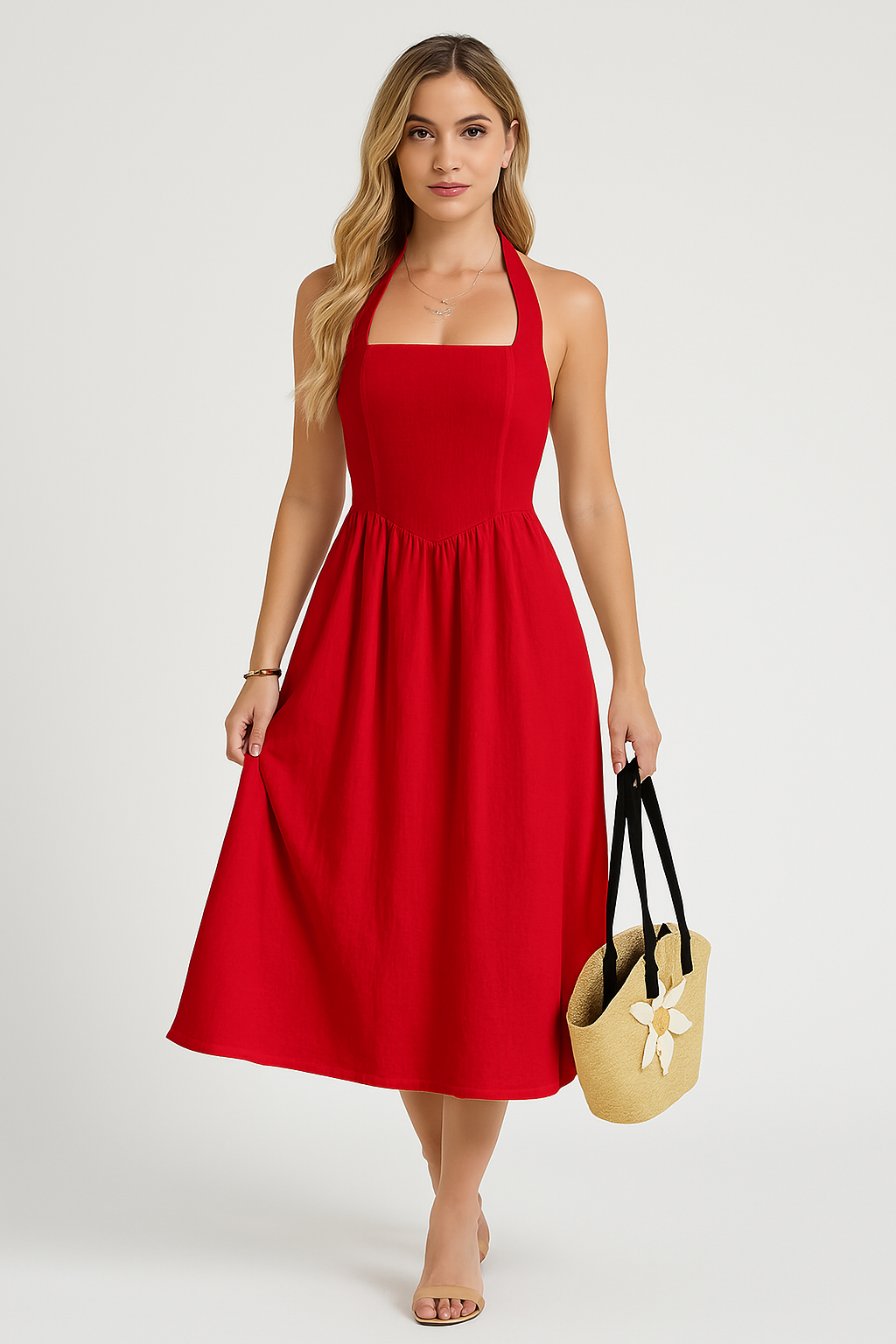 Women's Sleeveless A-line Midi Dress – Casual Fit in Natural Fabrics Red