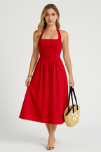 Women's Sleeveless A-line Midi Dress – Casual Fit in Natural Fabrics Red