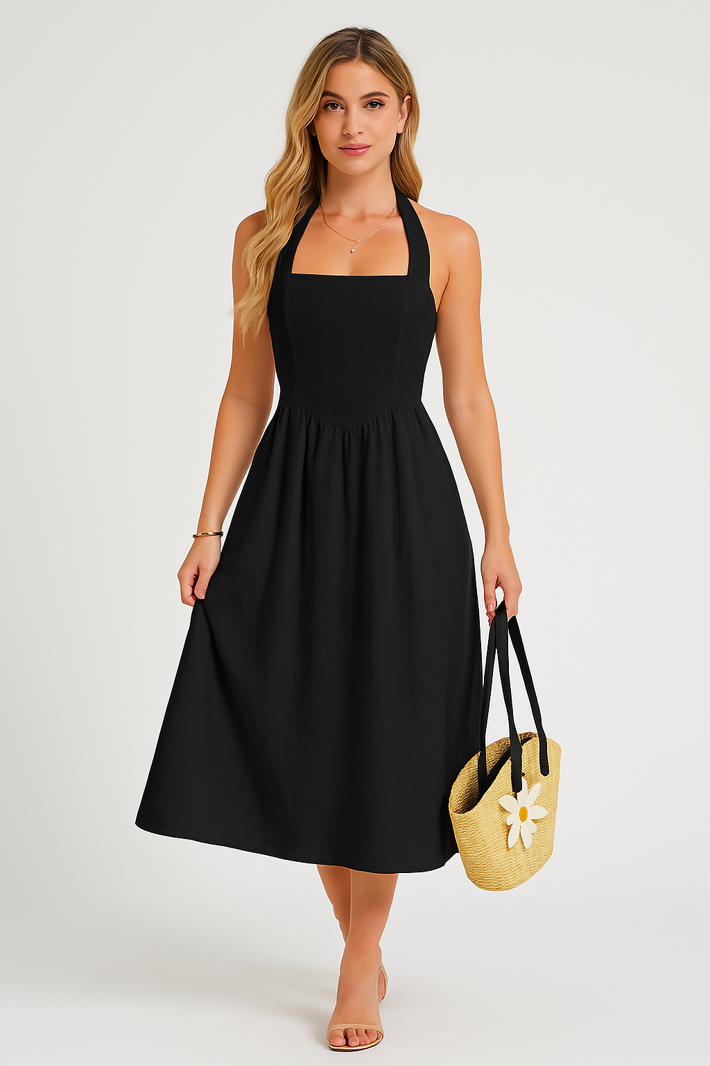 Women's Sleeveless A-line Midi Dress – Casual Fit in Natural Fabrics Black