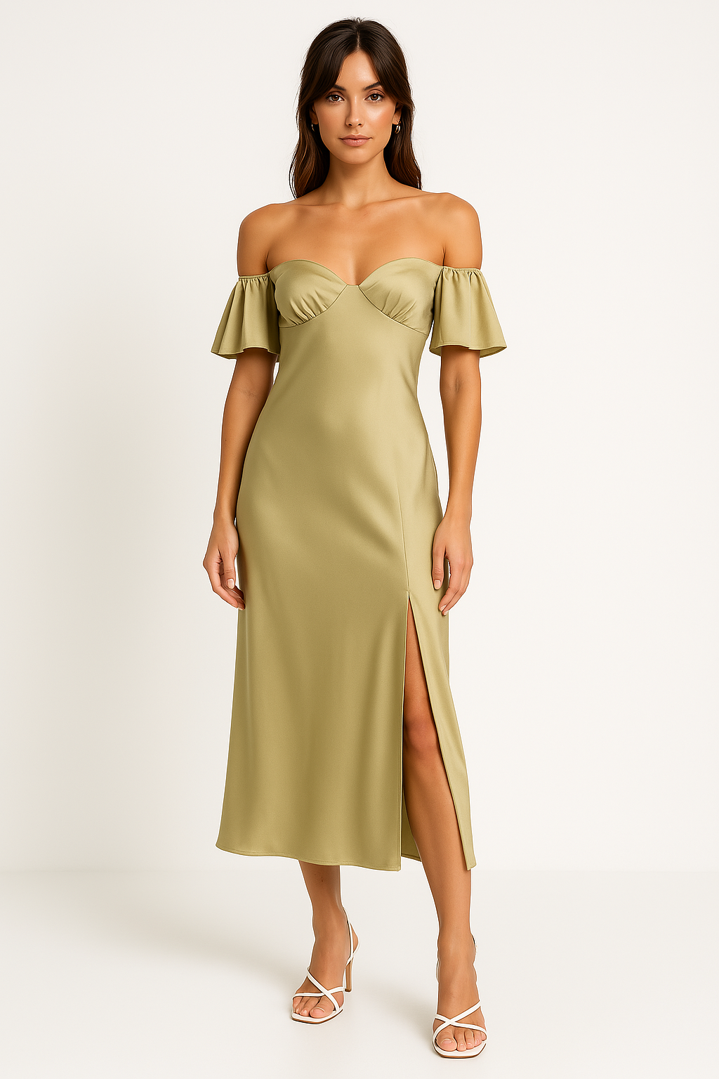 Women's Off-Shoulder Midi Dress – Slim Fit – Glossy Fabric – V-Back with Side Split Green