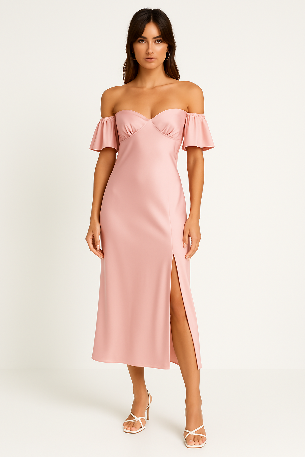 Women's Off-Shoulder Midi Dress – Slim Fit – Glossy Fabric – V-Back with Side Split Pink