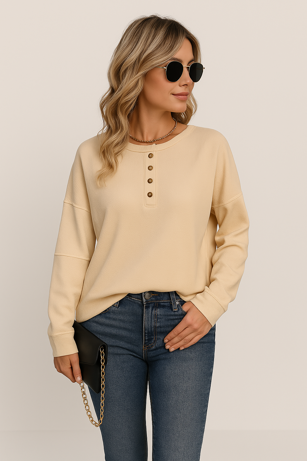 Winnie | Women's Button-Down Waffle Knit Long Sleeve Top Beige