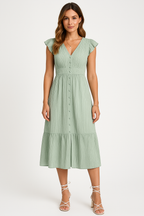 Women's A-Line Midi Dress with V-Neck, Ruffle Sleeves, and Button Details Light Green