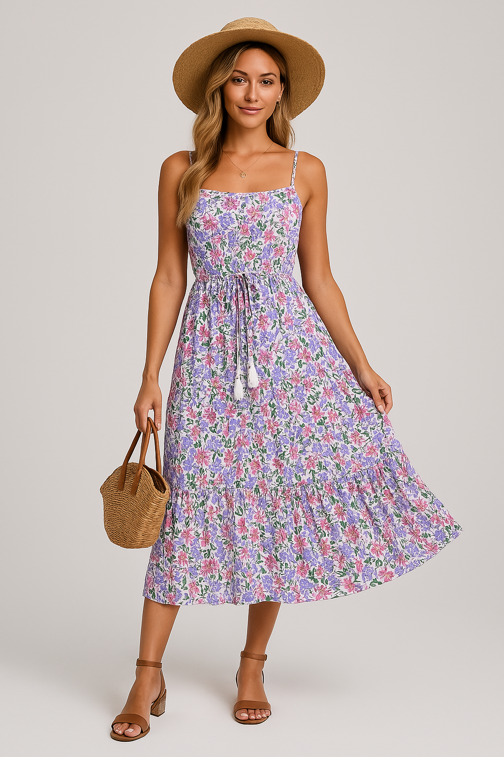 Women's Floral Print Fit and Flare Dress with Ruffled Hem and Adjustable Waist Blue
