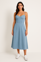 Women's Slim Fit Midi Dress - Denim Look with Spaghetti Straps & Sweetheart Neckline Blue