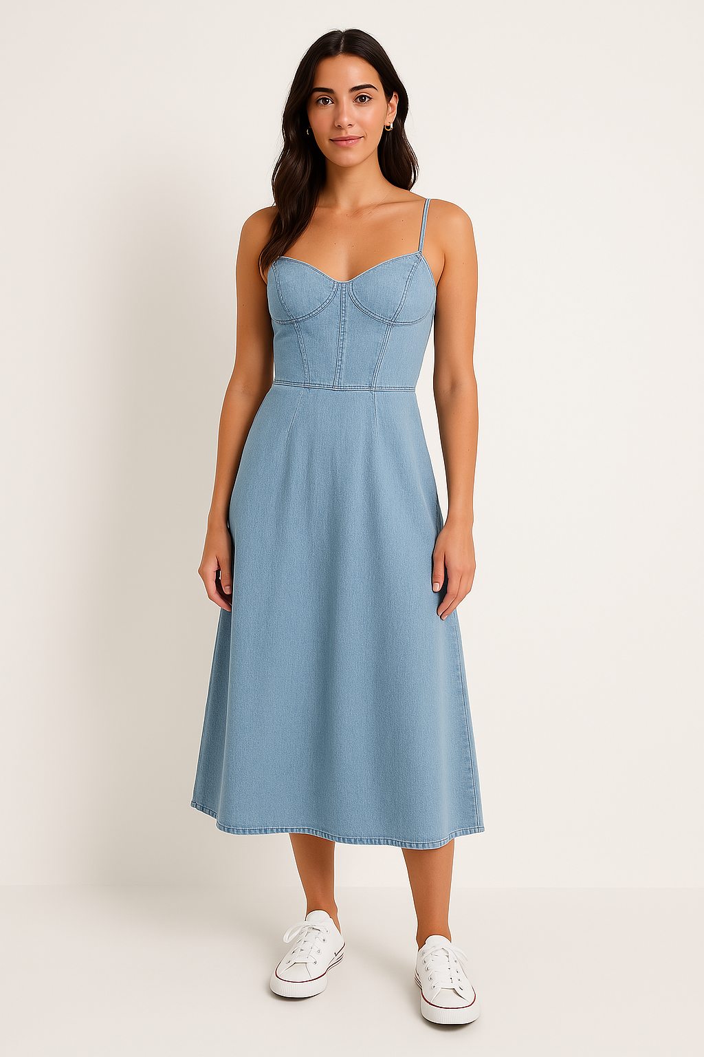 Women's Slim Fit Midi Dress - Denim Look with Spaghetti Straps & Sweetheart Neckline Blue