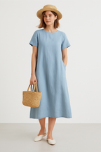 Women's Casual Midi Dress – Loose Fit – Breathable Fabric – Short Sleeve Light Blue