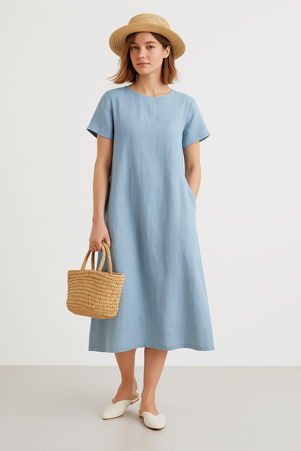 Women's Casual Midi Dress – Loose Fit – Breathable Fabric – Short Sleeve Light Blue