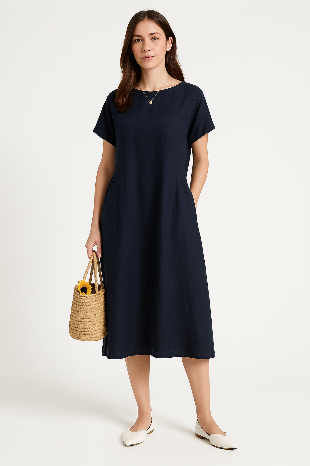 Women's Casual Midi Dress – Loose Fit – Breathable Fabric – Short Sleeve Navy Blue