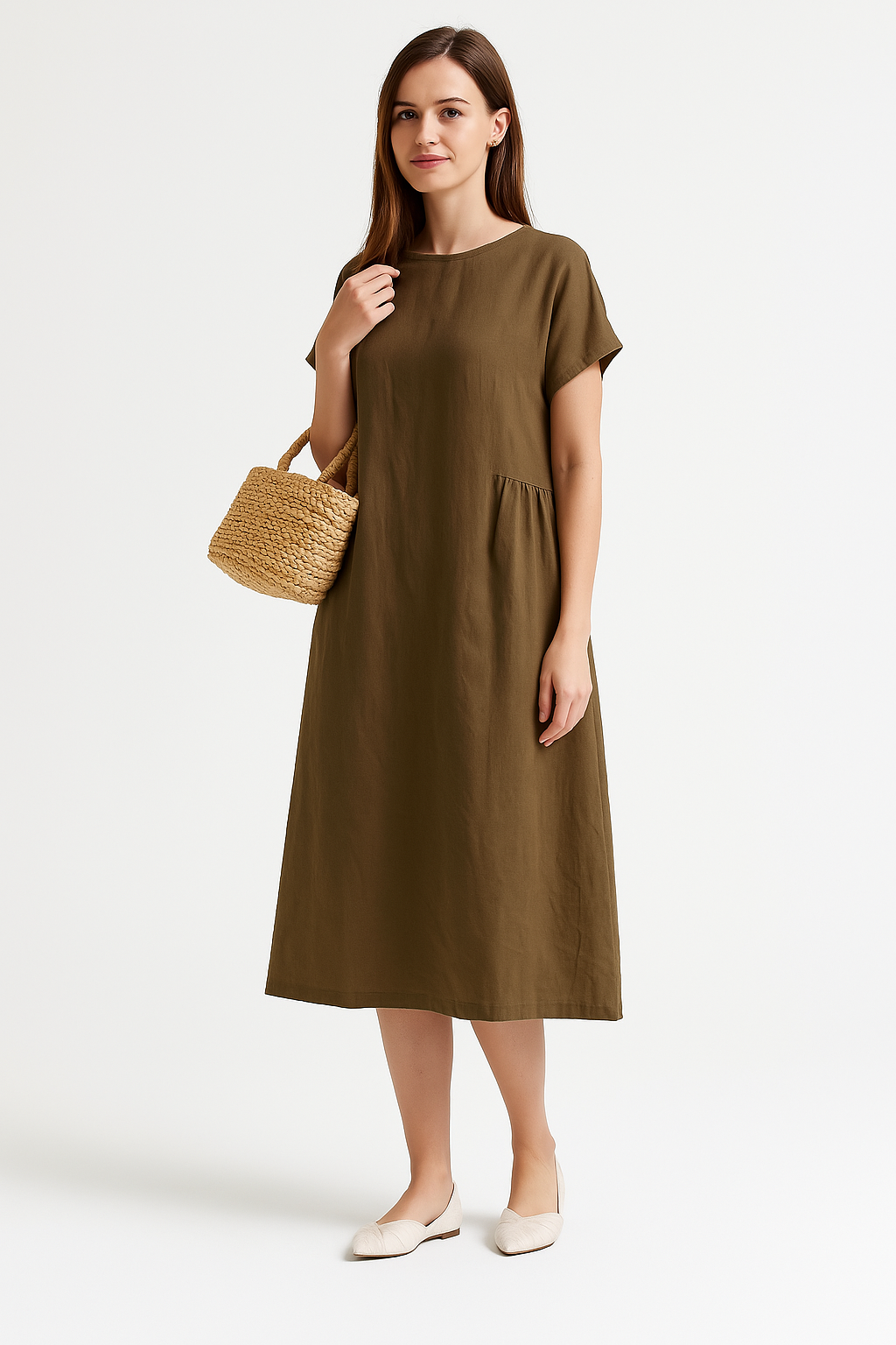 Women's Casual Midi Dress – Loose Fit – Breathable Fabric – Short Sleeve Brown