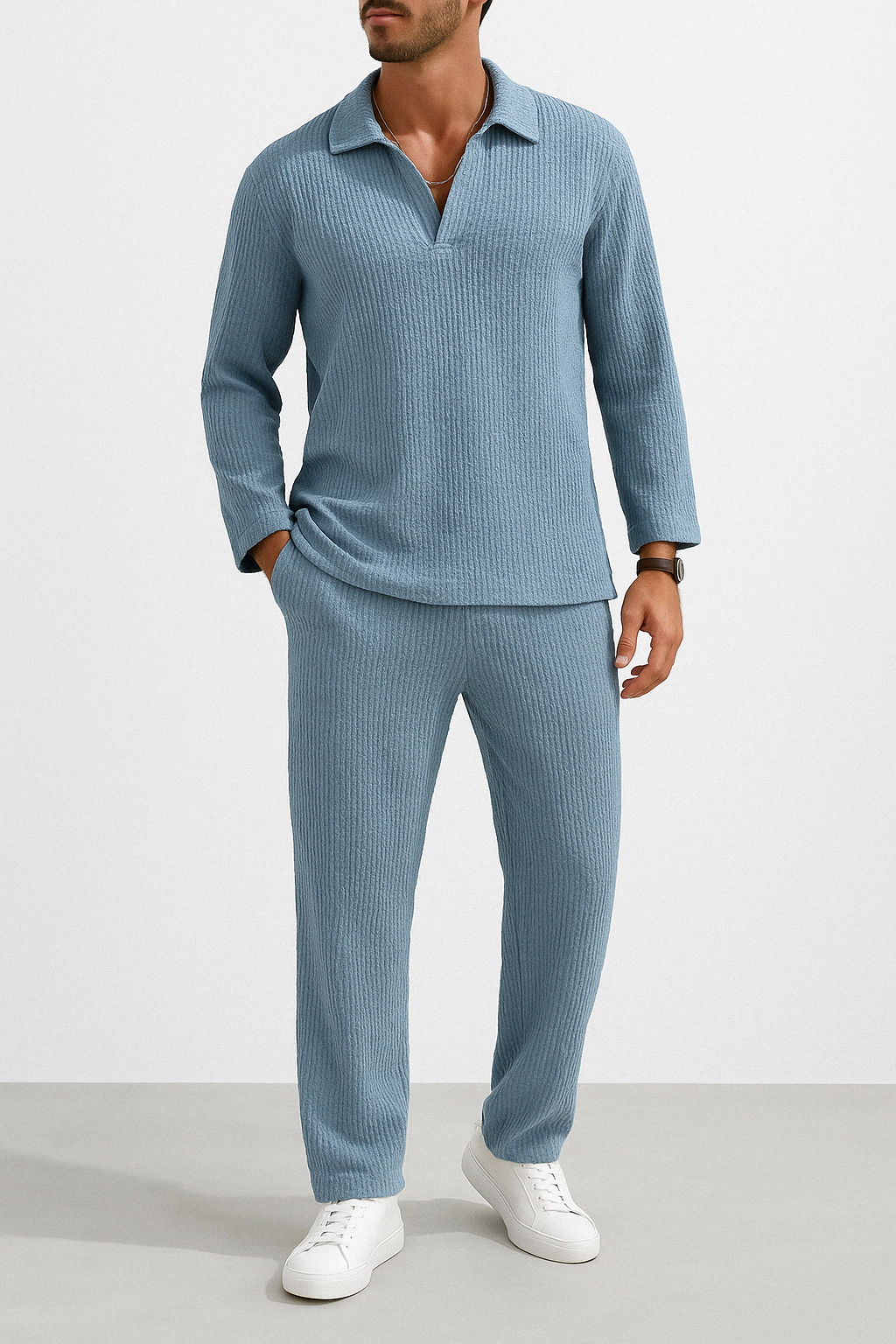 Men's Relaxed Fit Lounge Set – Soft Knit Long Sleeve & Straight Pants Lake Blue