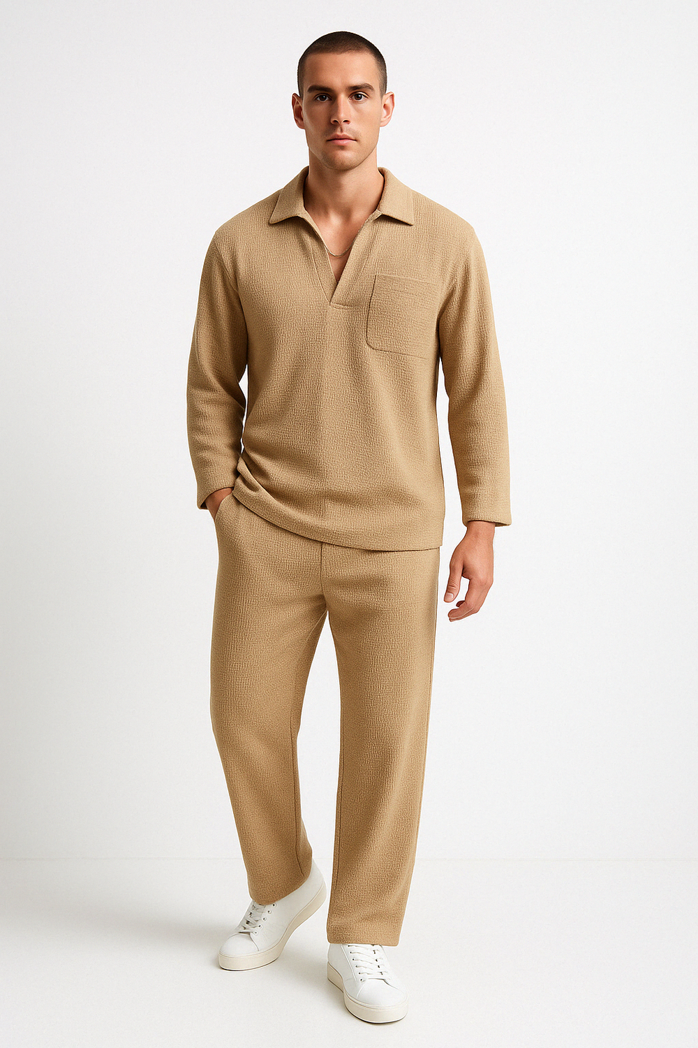 Men's Relaxed Fit Lounge Set – Soft Knit Long Sleeve & Straight Pants Khaki