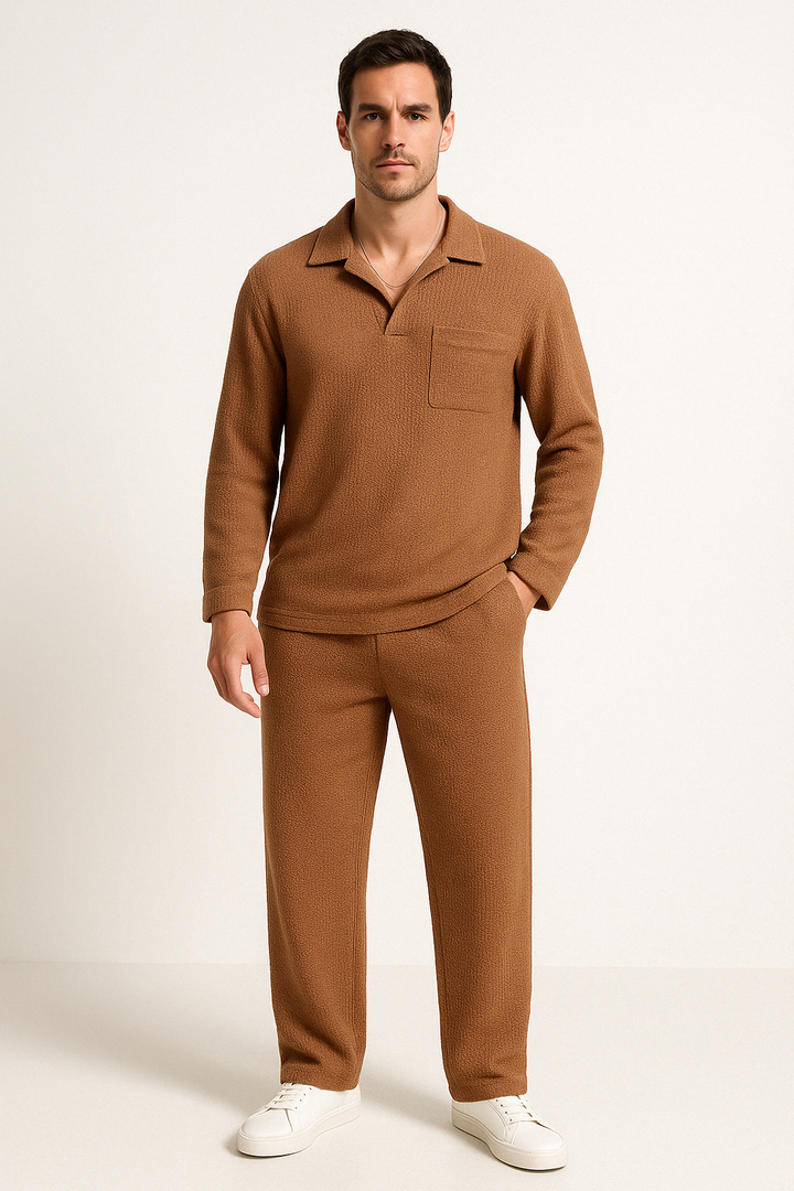 Men's Relaxed Fit Lounge Set – Soft Knit Long Sleeve & Straight Pants Caramel