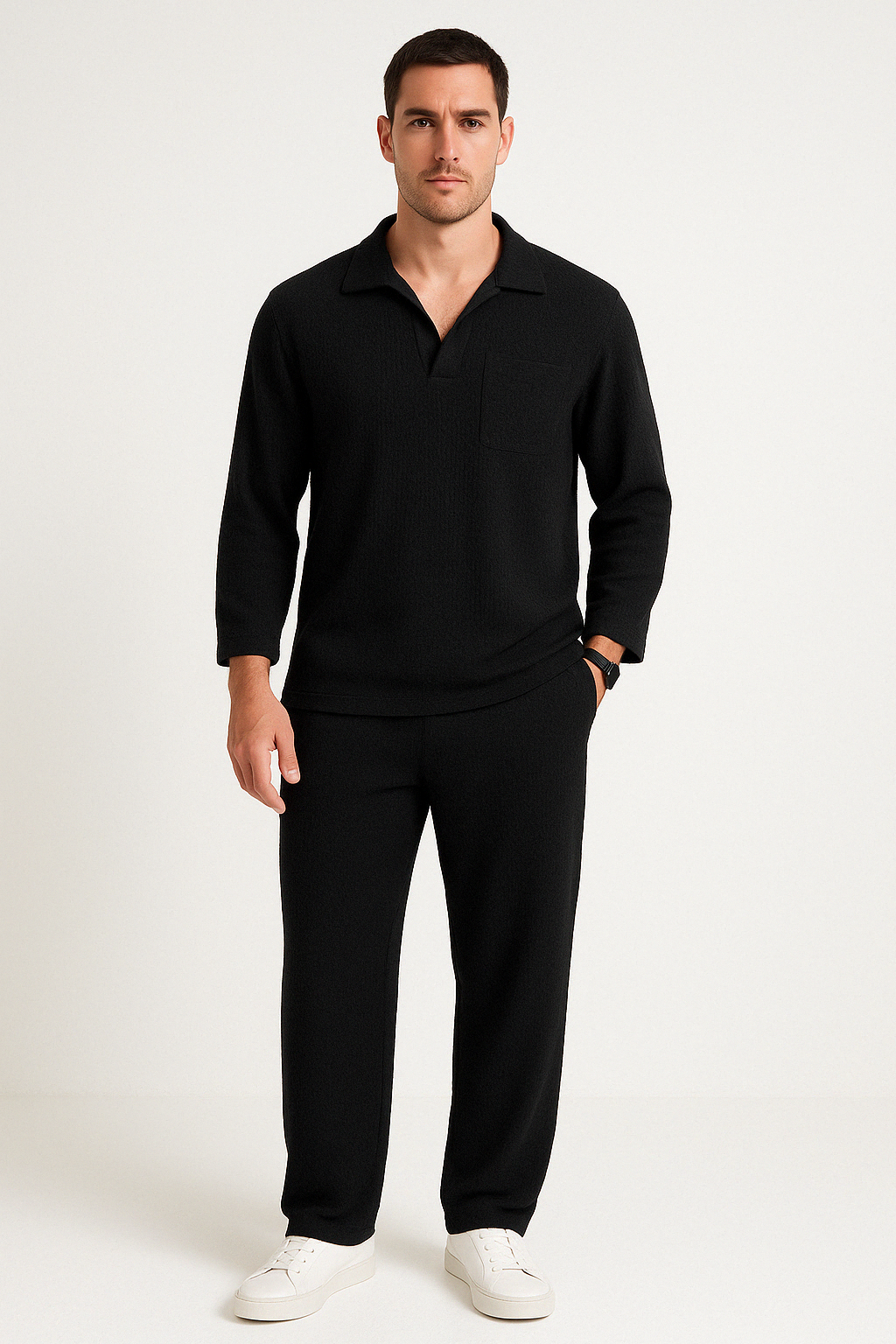 Men's Relaxed Fit Lounge Set – Soft Knit Long Sleeve & Straight Pants Black