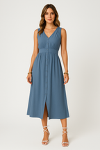 Women's Sleeveless Midi Dress with V-Neck, Button Closure, A-Line Design, and Elastic Waist Blue