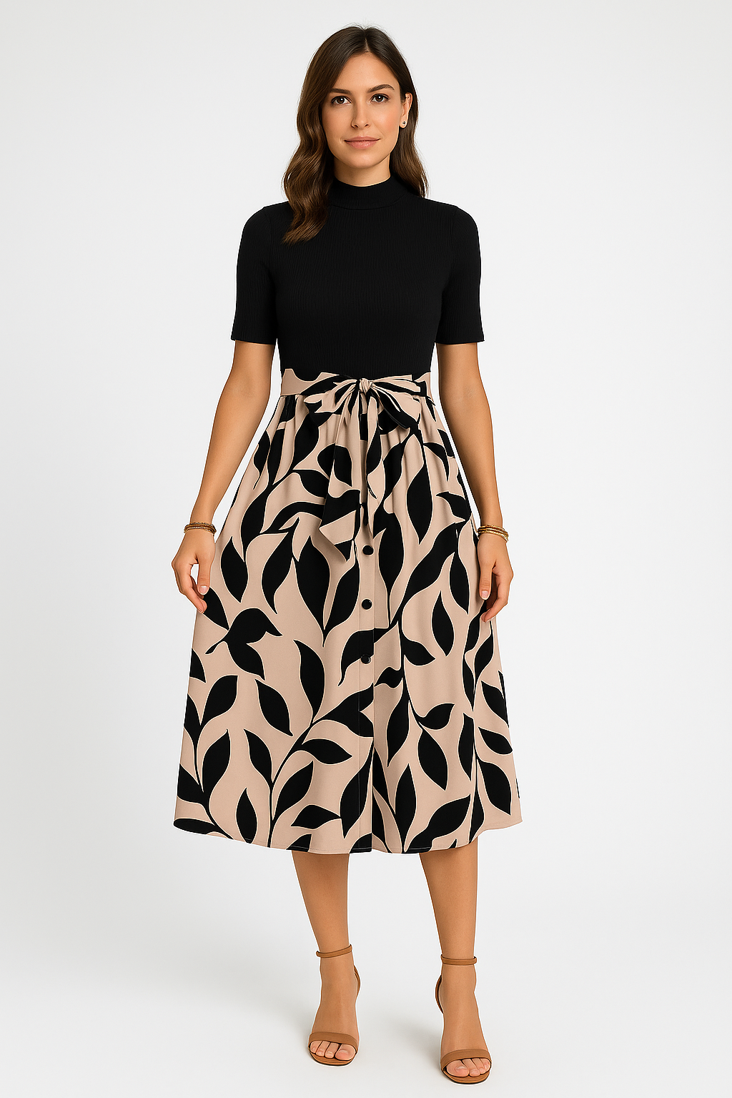 Women's A-Line Midi Dress with Ribbed Knit Top, Short Sleeves, and Bow Detail Khaki