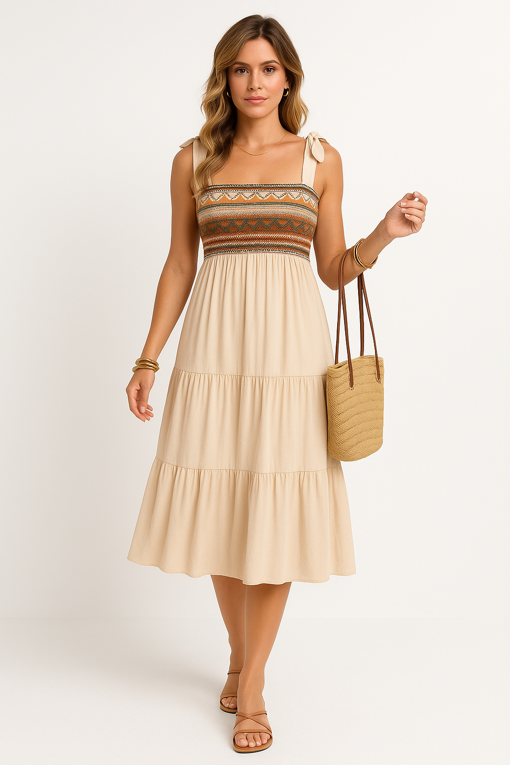 Women's Ethnic Print A-line Dress – Cotton Blend – Tie Straps – Layered Midi Skirt Apricot