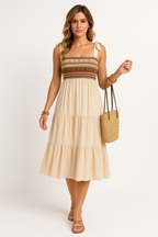 Women's Ethnic Print A-line Dress – Cotton Blend – Tie Straps – Layered Midi Skirt Apricot