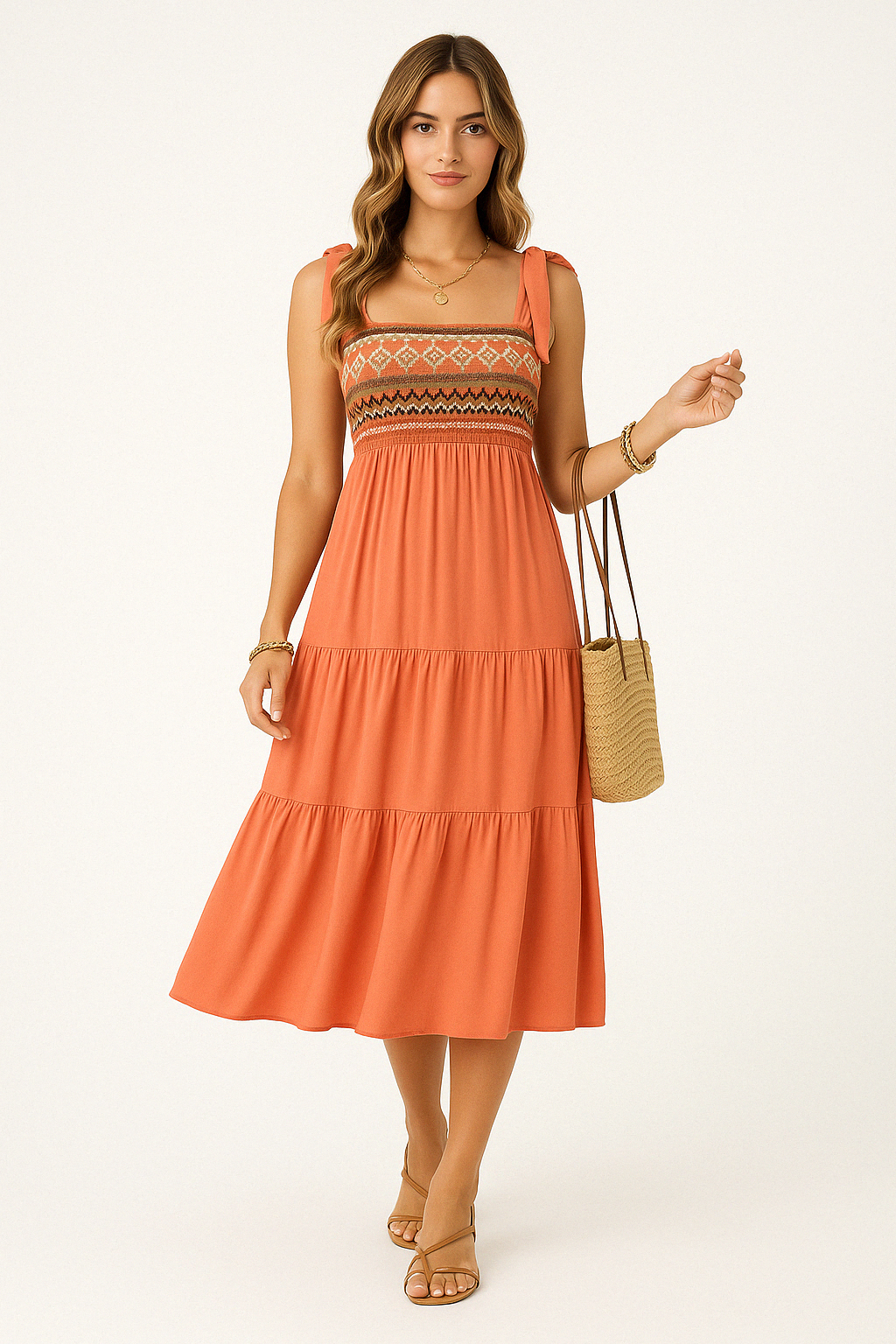 Women's Ethnic Print A-line Dress – Cotton Blend – Tie Straps – Layered Midi Skirt Orange
