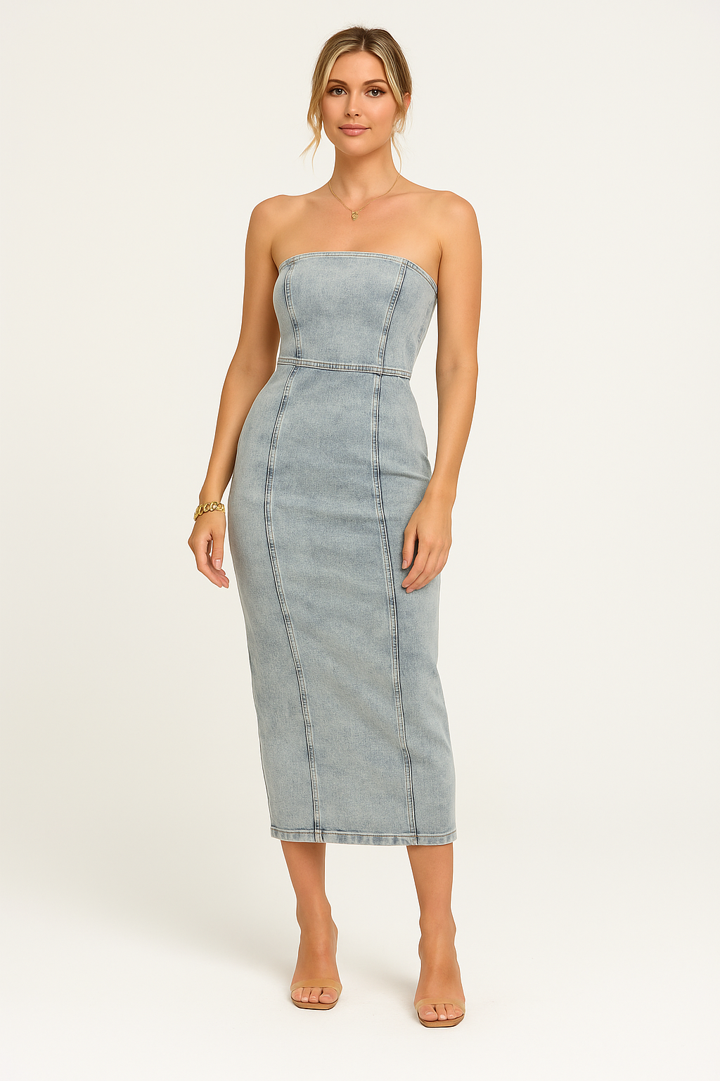Women's Slim Fit Midi Denim Dress – Strapless with Structured Panels Denim