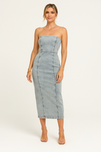 Women's Slim Fit Midi Denim Dress – Strapless with Structured Panels Denim