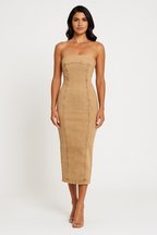 Women's Slim Fit Midi Denim Dress – Strapless with Structured Panels Yellow