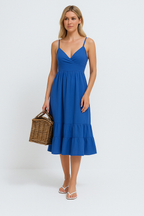 Women's V-Neck Midi Dress – Linen Cotton Blend – Spaghetti Straps – Layered Hem Blue