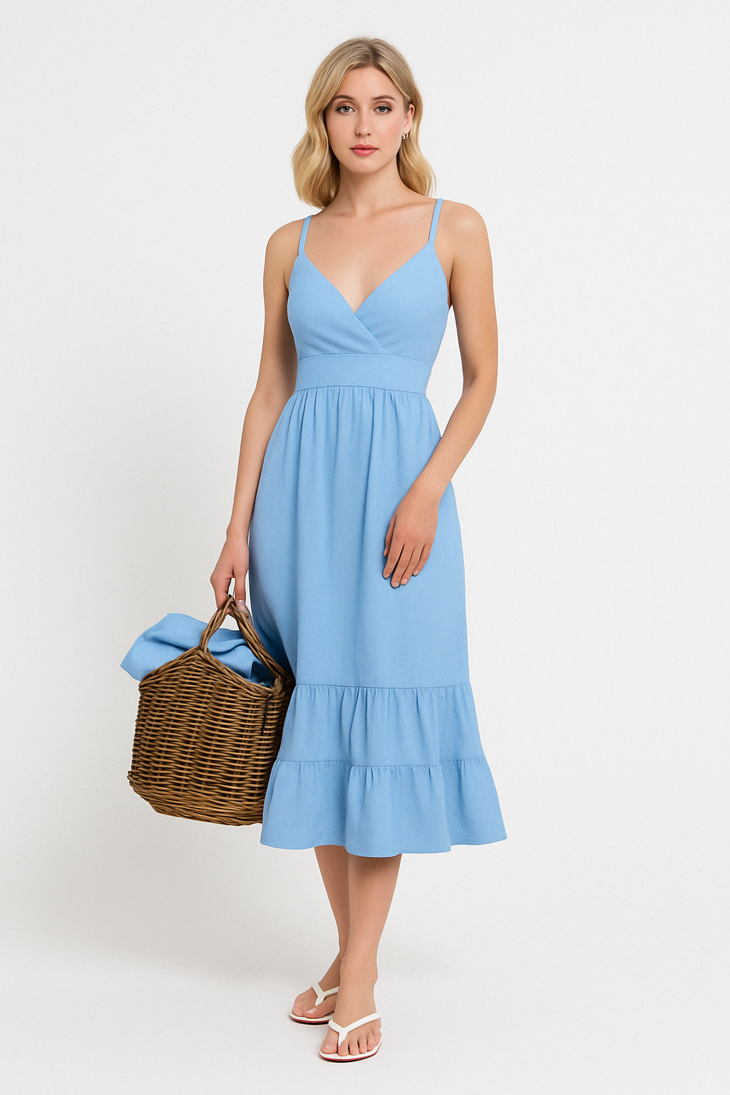 Women's V-Neck Midi Dress – Linen Cotton Blend – Spaghetti Straps – Layered Hem Light Blue