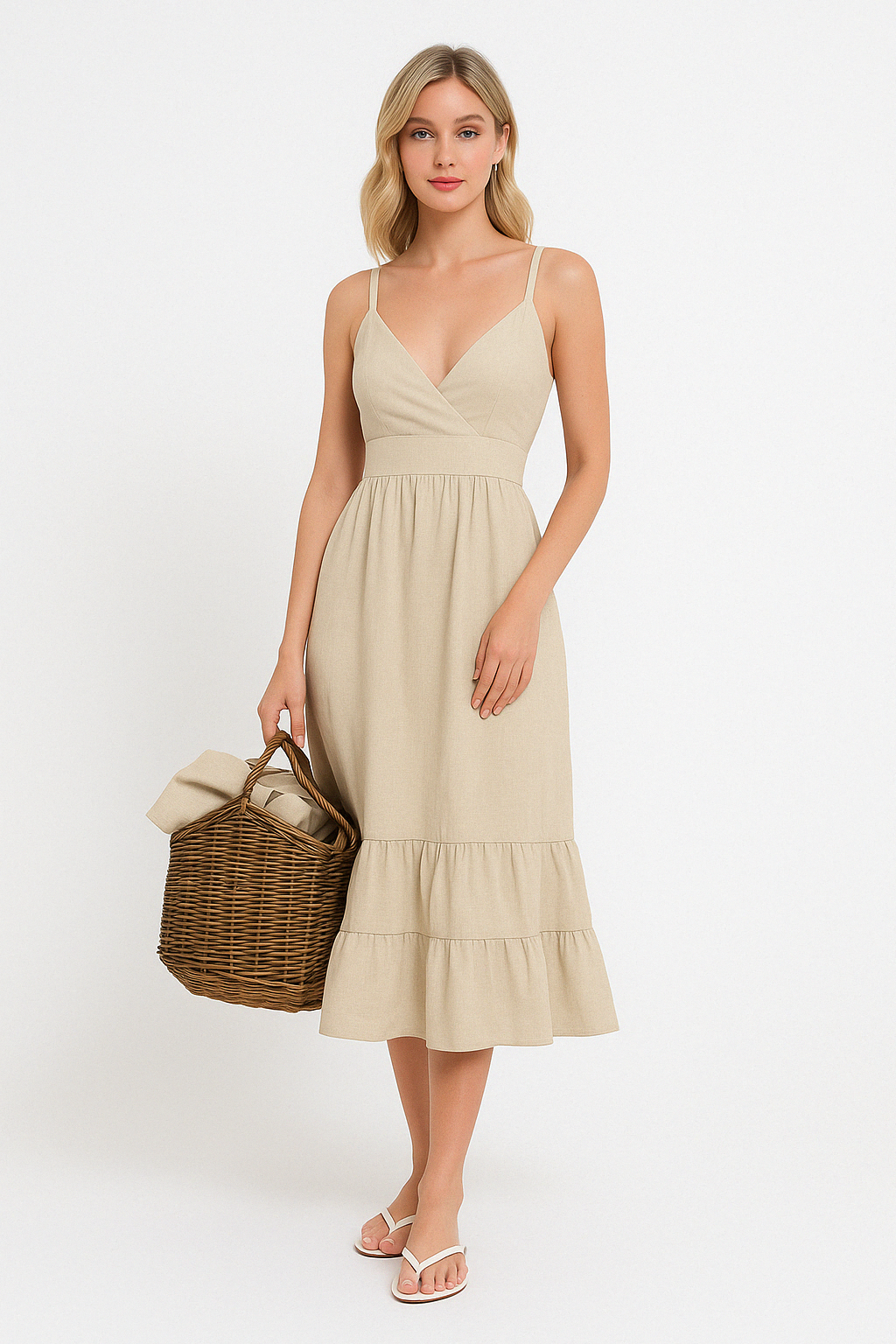 Women's V-Neck Midi Dress – Linen Cotton Blend – Spaghetti Straps – Layered Hem Khaki