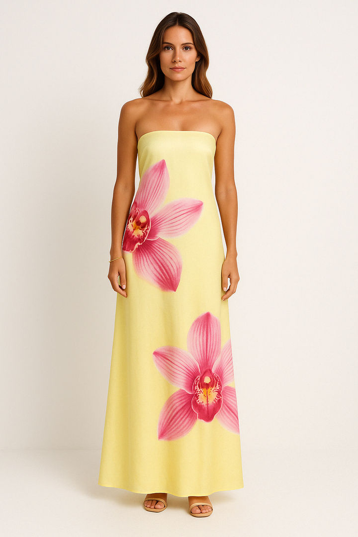 Women's Floral Print Strapless Maxi Dress – Slim Fit – Lightweight & Breathable Yellow