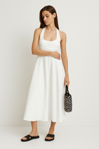 Women's A-Line Midi Dress – Halter Neck – Sleeveless – Lightweight Luxury Fabric White