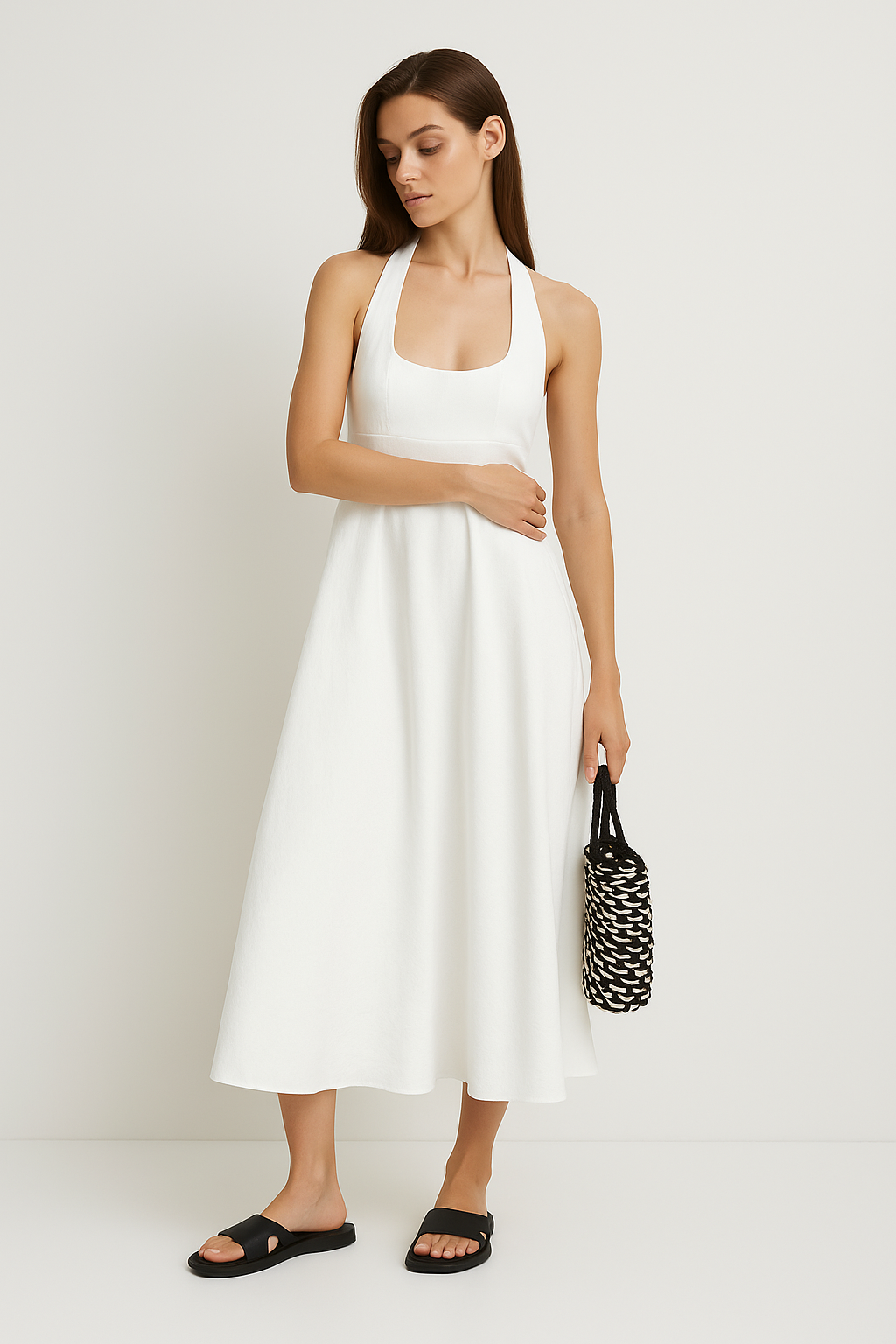 Women's A-Line Midi Dress – Halter Neck – Sleeveless – Lightweight Luxury Fabric White