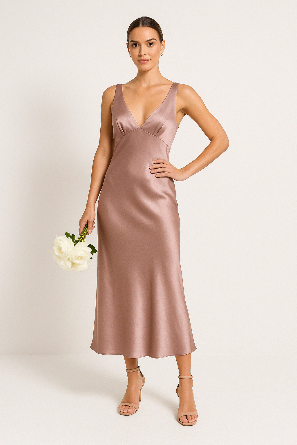 Women's Slim Fit Midi Dress – Silky Satin, Deep V-Neck, Open Back, Spaghetti Straps Pink