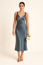 Women's Slim Fit Midi Dress – Silky Satin, Deep V-Neck, Open Back, Spaghetti Straps Blue