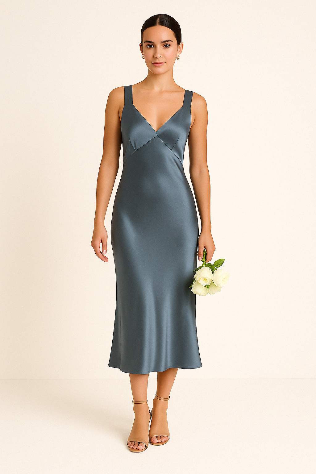 Women's Slim Fit Midi Dress – Silky Satin, Deep V-Neck, Open Back, Spaghetti Straps Blue