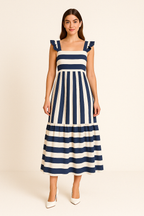 Women's Striped A-Line Midi Dress – Relaxed Fit – Cotton Blend – Ruffle Straps Blue