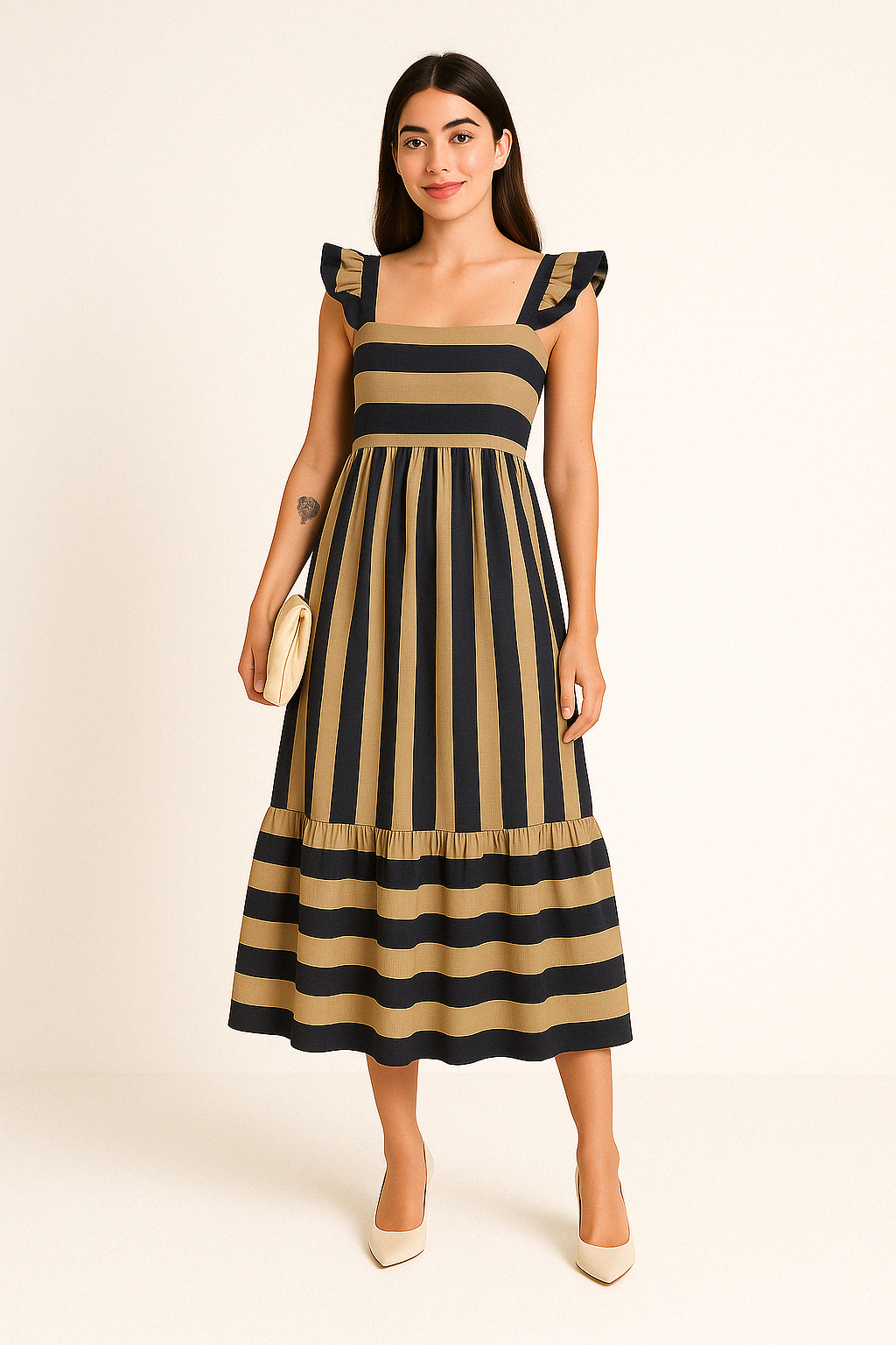 Women's Striped A-Line Midi Dress – Relaxed Fit – Cotton Blend – Ruffle Straps Apricot