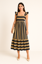 Women's Striped A-Line Midi Dress – Relaxed Fit – Cotton Blend – Ruffle Straps Apricot