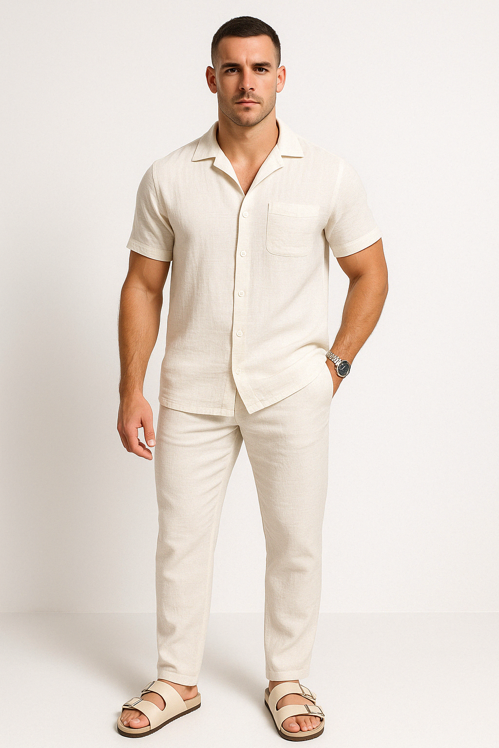 Men's Relaxed Fit Short Sleeve Shirt and Pants Set – Breathable Comfort White