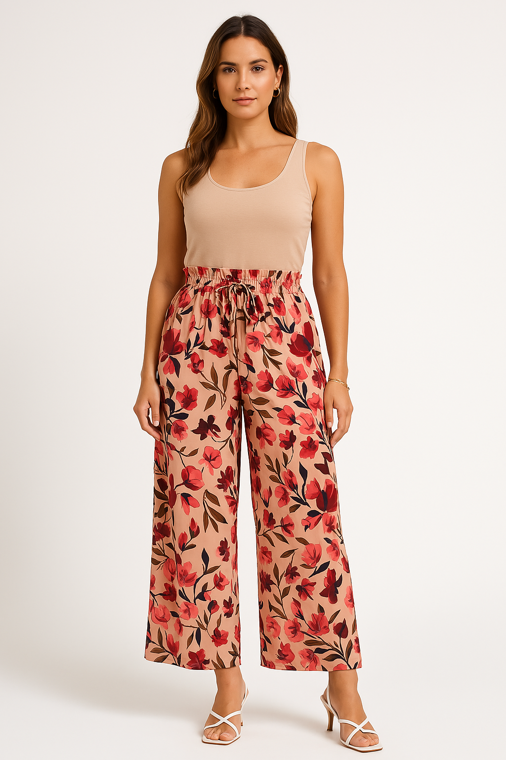 Women's Floral Print Wide Leg Chiffon Pants – High Waist with Drawstring – Full Length Red
