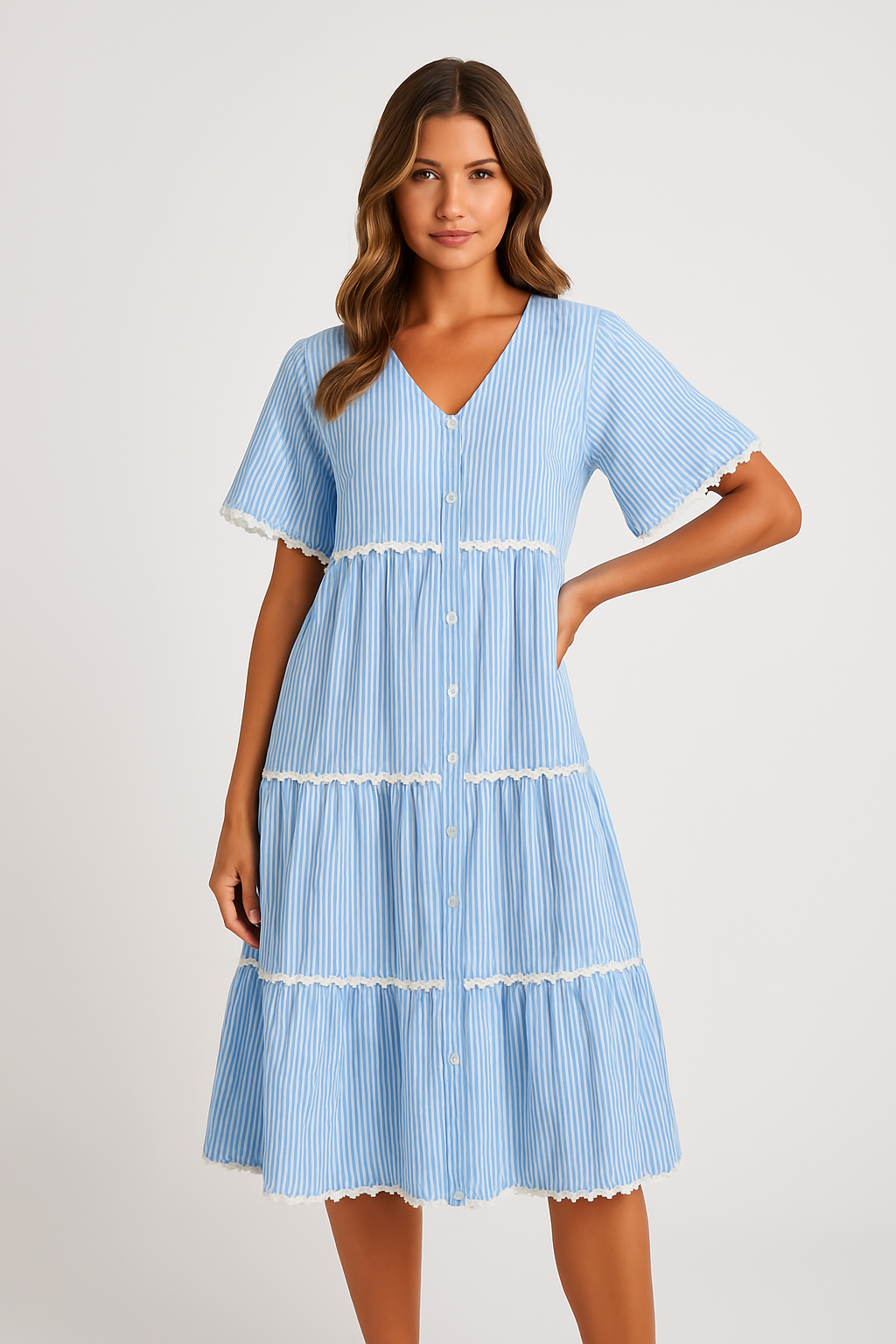 Women's V-Neck Loose Fit Cotton Dress with Button Closure and Lace Details Light Blue